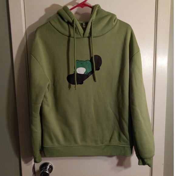Kawaii Green Animal Patch Hoodie S Fleece Lined Pullover Sweatshirt Bear Frog - Picture 6 of 6
